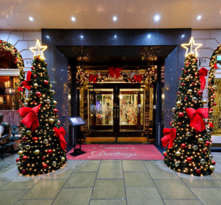 Festive hotel entrance with lit Christmas trees, red bows, star toppers, and "Season's Greetings" mat, creating a warm welcome.