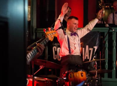 'Hands touching hands' The drummer with The OffBeats downs the sticks to dance along with the audience, during their set at The Imperial Hotel during the Guinness Cork Jazz Festival.