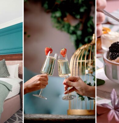 Elegant hotel room with teal accents, champagne toasting, and gourmet dessert, inviting relaxation and indulgence.