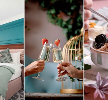 Elegant hotel room with teal accents, champagne toasting, and gourmet dessert, inviting relaxation and indulgence.