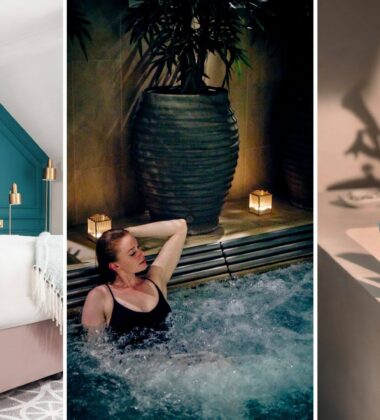 Spacious hotel room with luxurious bedding, spa experience with hot tub, and premium toiletries for a relaxing stay.