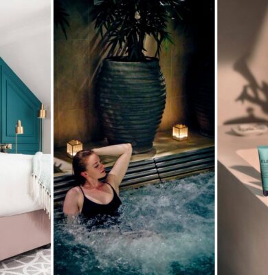 Spacious hotel room with luxurious bedding, spa experience with hot tub, and premium toiletries for a relaxing stay.