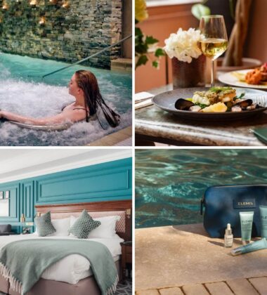 Luxurious hotel spa, dining, and room with poolside amenities.