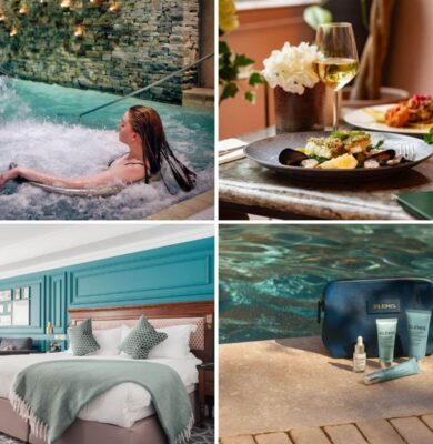 Luxurious hotel spa, dining, and room with poolside amenities.